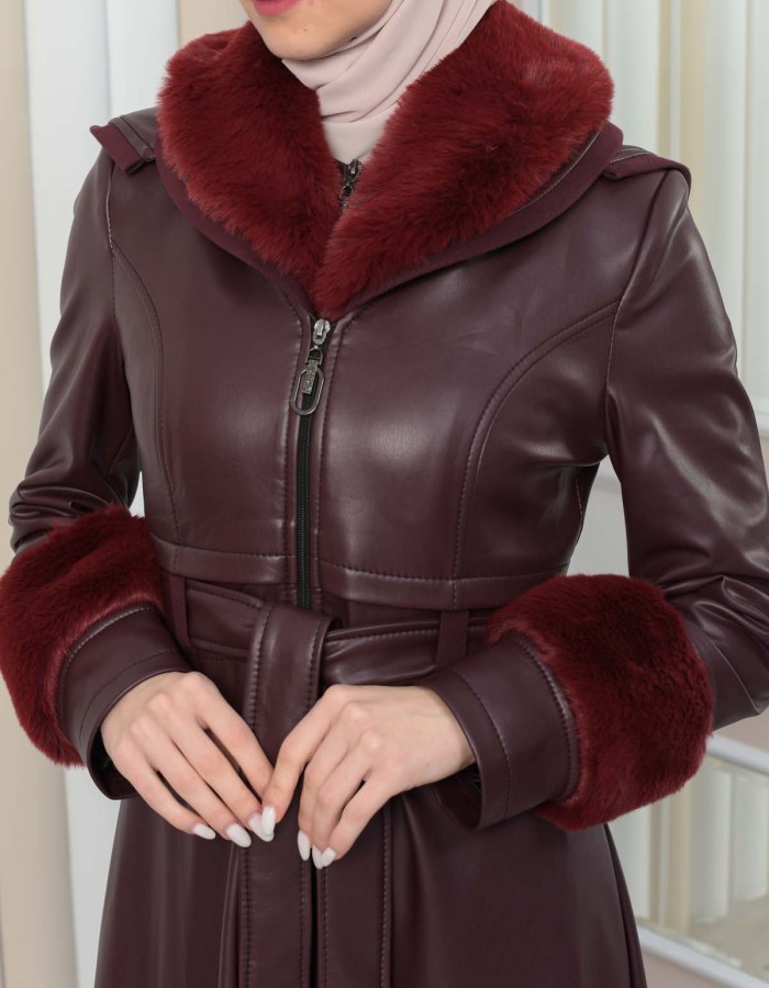 HOODED FUR SLEEVE BELT LEATHER COAT 1349 - burgundy