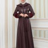 HOODED FUR SLEEVE BELT LEATHER COAT 1349 - burgundy