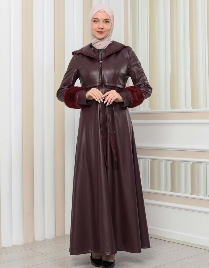 HOODED FUR SLEEVE BELT LEATHER COAT 1349 - burgundy