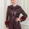 HOODED FUR SLEEVE BELT LEATHER COAT 1349 - burgundy