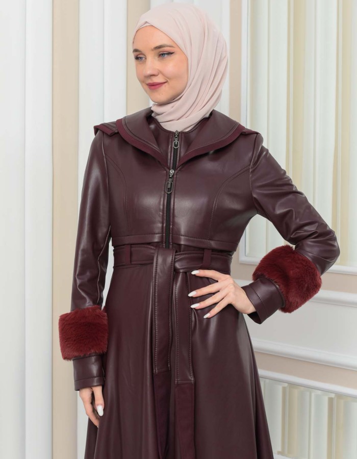 HOODED FUR SLEEVE BELT LEATHER COAT 1349 - burgundy