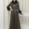 Luxus Double Cloche Ledermantel mit Kaninchenfell-Futter 1349 - Khaki