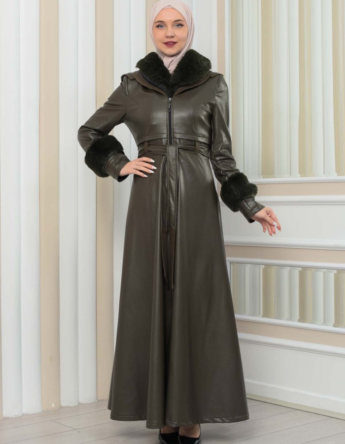 HOODED FUR SLEEVE BELT LEATHER COAT 1349 Haki