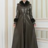 HOODED FUR SLEEVE BELT LEATHER COAT 1349 Haki