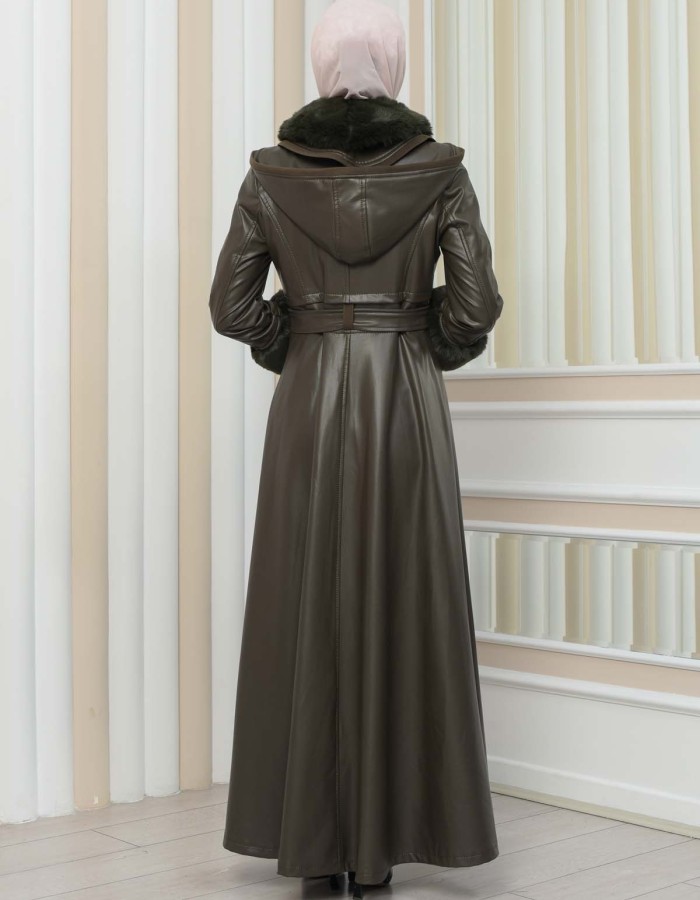 HOODED FUR SLEEVE BELT LEATHER COAT 1349 Haki