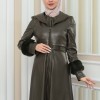 HOODED FUR SLEEVE BELT LEATHER COAT 1349 Haki