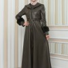 HOODED FUR SLEEVE BELT LEATHER COAT 1349 Haki