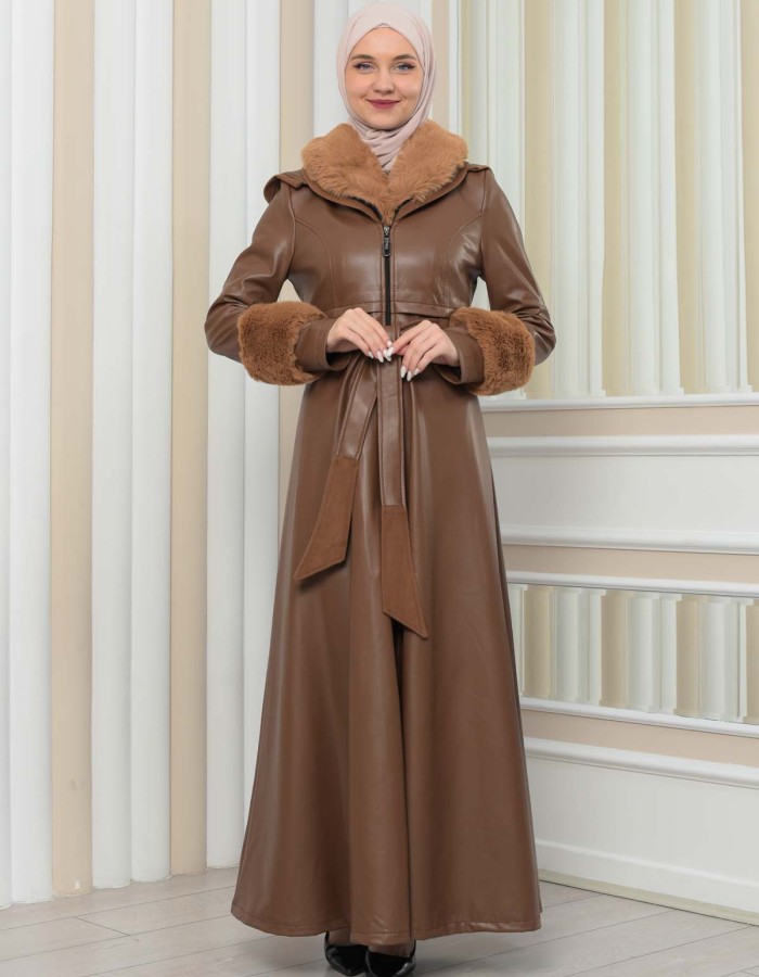 HOODED FUR SLEEVE BELT LEATHER COAT 1349 - tan