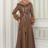 HOODED FUR SLEEVE BELT LEATHER COAT 1349 - tan