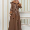 HOODED FUR SLEEVE BELT LEATHER COAT 1349 - tan