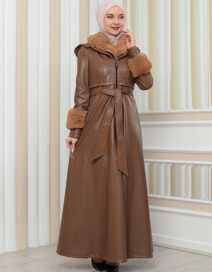 HOODED FUR SLEEVE BELT LEATHER COAT 1349 - tan