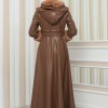 HOODED FUR SLEEVE BELT LEATHER COAT 1349 - tan