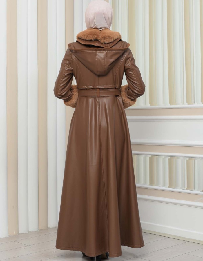 HOODED FUR SLEEVE BELT LEATHER COAT 1349 - tan