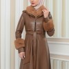 HOODED FUR SLEEVE BELT LEATHER COAT 1349 - tan