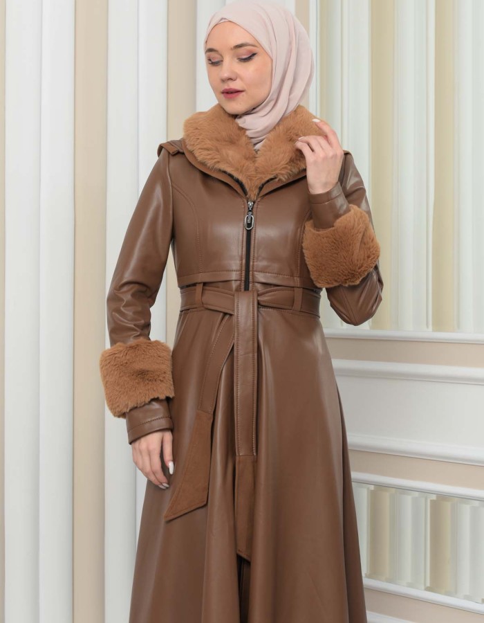 HOODED FUR SLEEVE BELT LEATHER COAT 1349 - tan
