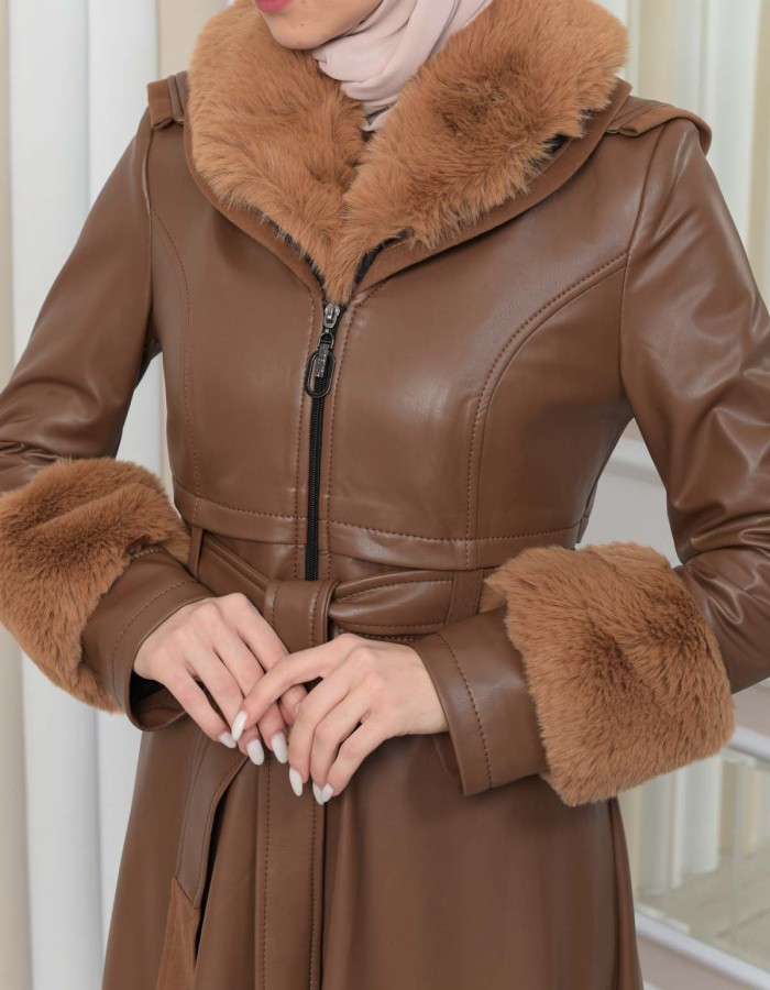 HOODED FUR SLEEVE BELT LEATHER COAT 1349 - tan