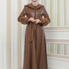 HOODED FUR SLEEVE BELT LEATHER COAT 1349 - tan
