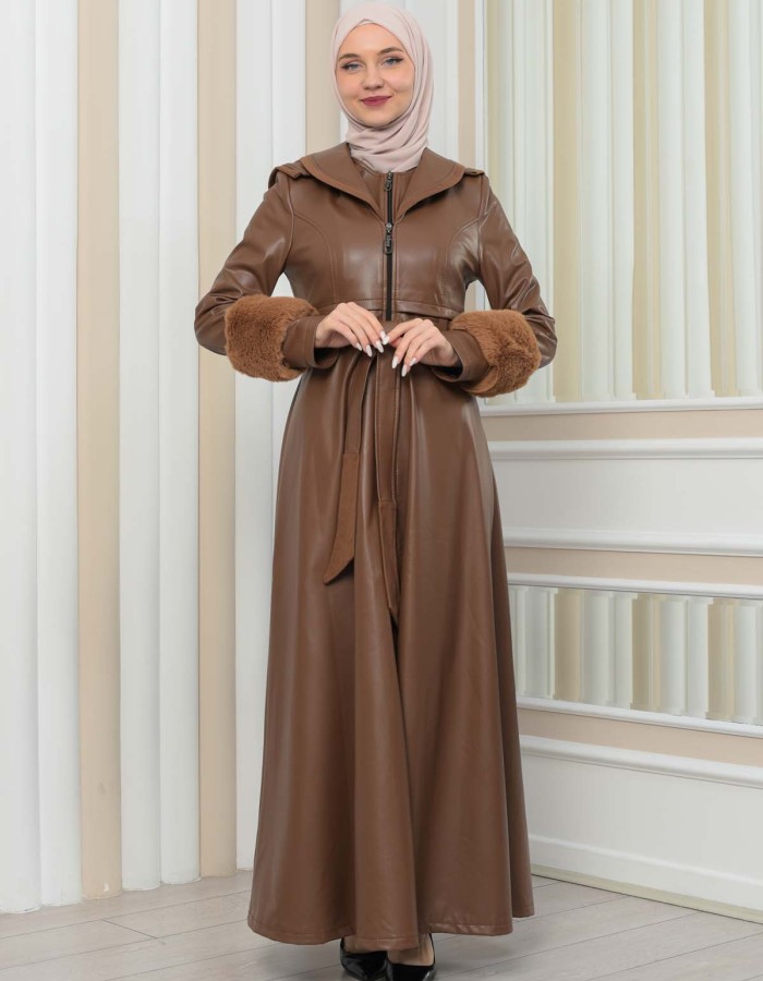 HOODED FUR SLEEVE BELT LEATHER COAT 1349 - tan