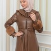 HOODED FUR SLEEVE BELT LEATHER COAT 1349 - tan
