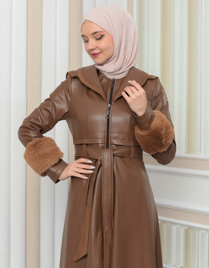 HOODED FUR SLEEVE BELT LEATHER COAT 1349 - tan