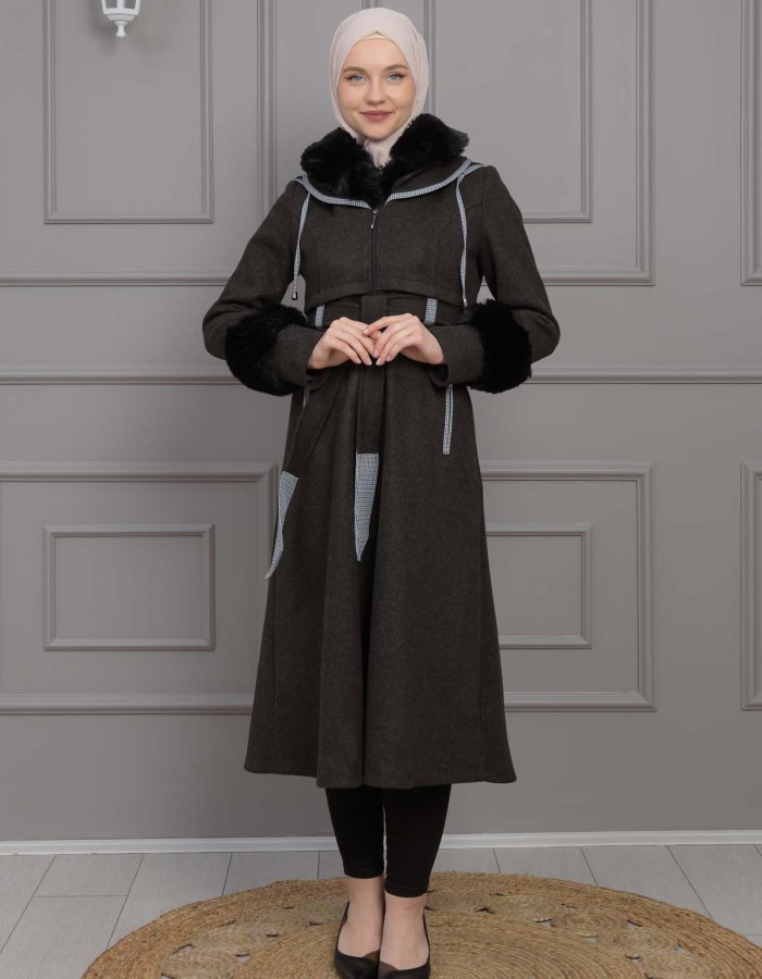 BELTED CACHET TOPCOAT WITH HOOD AND SLEEVE FUR DETAILS 1355 Siyah
