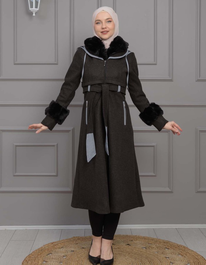 BELTED CACHET TOPCOAT WITH HOOD AND SLEEVE FUR DETAILS 1355 Siyah