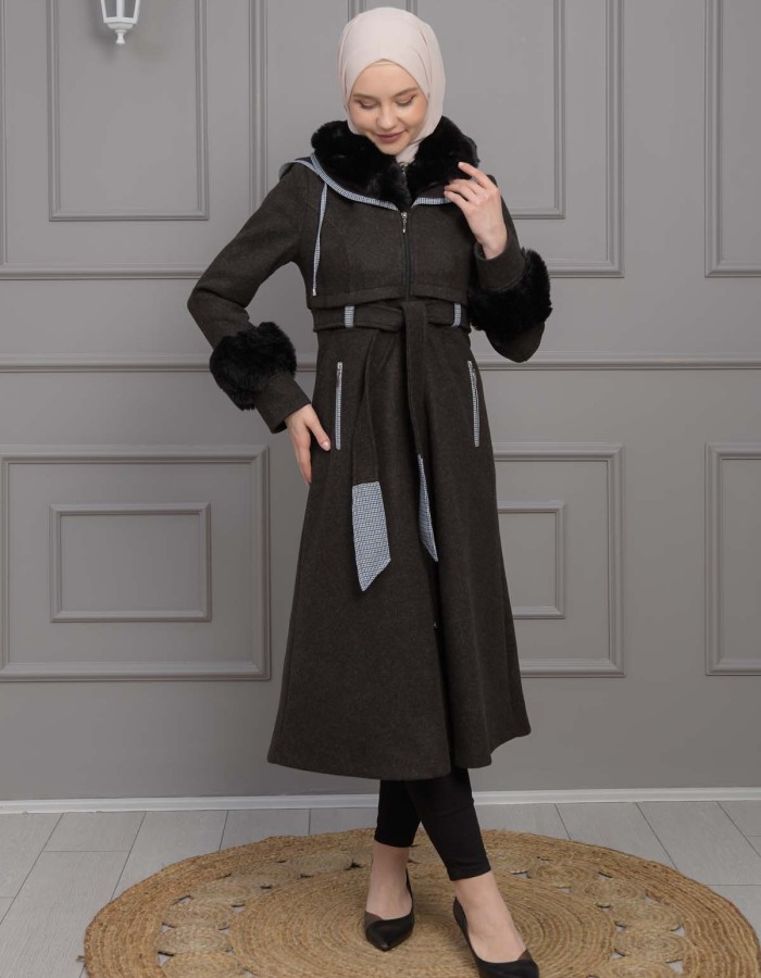 BELTED CACHET TOPCOAT WITH HOOD AND SLEEVE FUR DETAILS 1355 Siyah