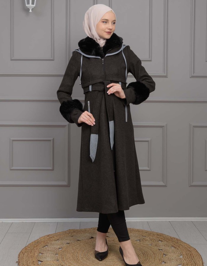 BELTED CACHET TOPCOAT WITH HOOD AND SLEEVE FUR DETAILS 1355 Siyah