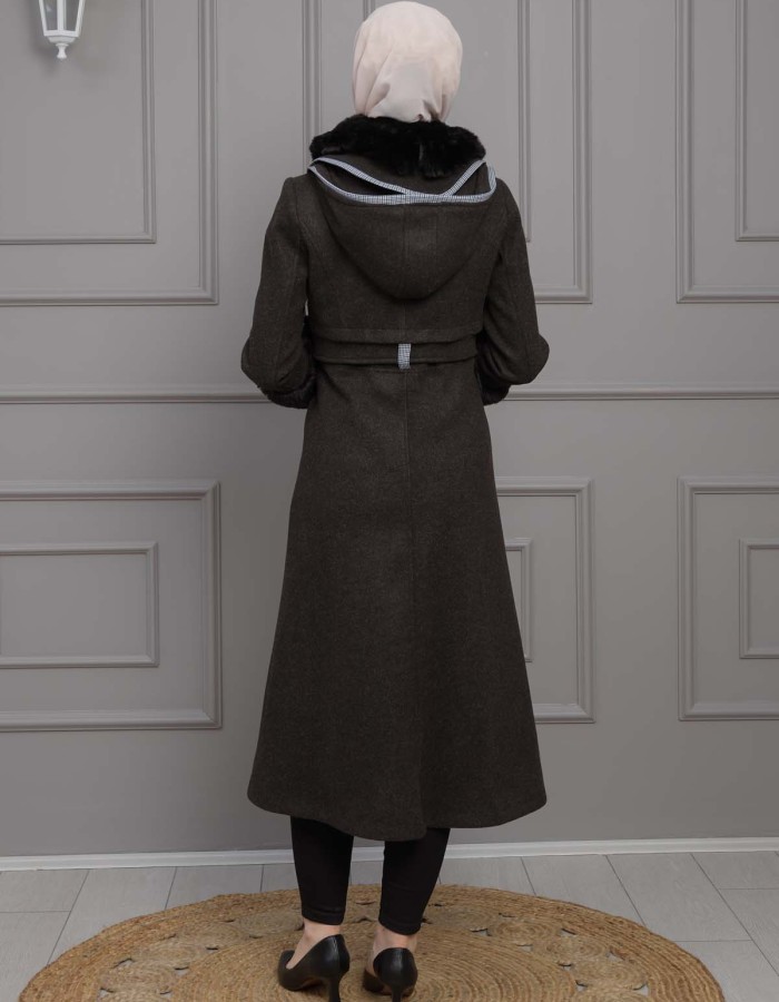BELTED CACHET TOPCOAT WITH HOOD AND SLEEVE FUR DETAILS 1355 Siyah