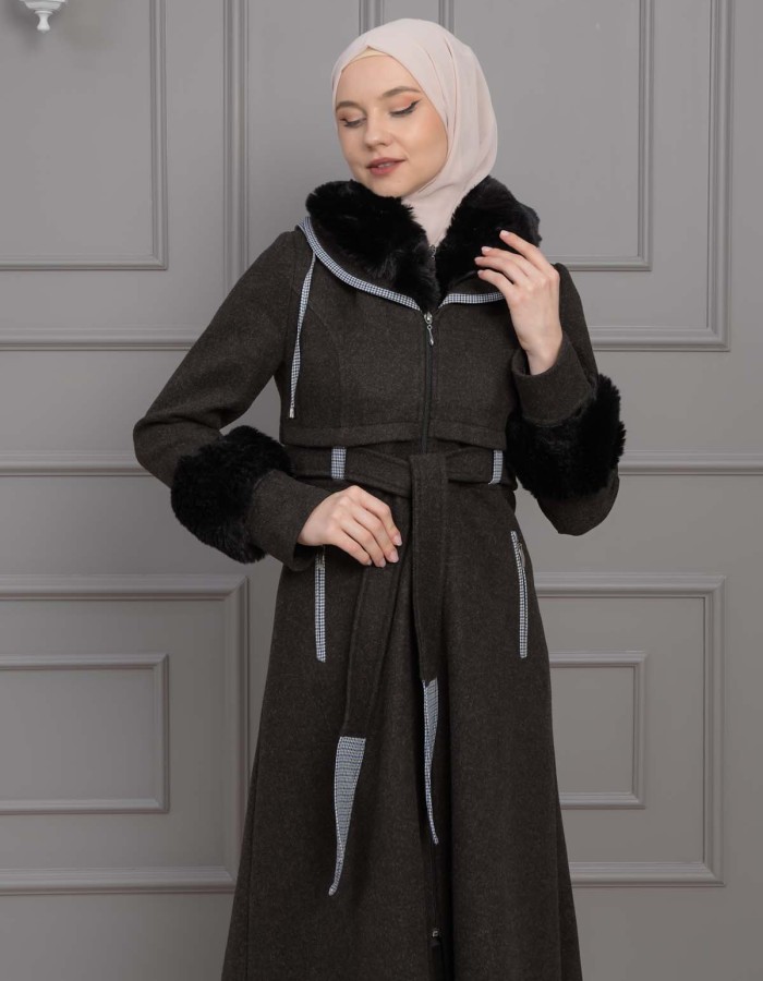 BELTED CACHET TOPCOAT WITH HOOD AND SLEEVE FUR DETAILS 1355 Siyah