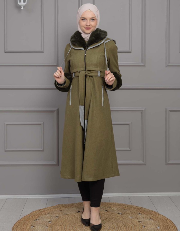 BELTED CACHET TOPCOAT WITH HOOD AND SLEEVE FUR DETAILS 1355 - khaki