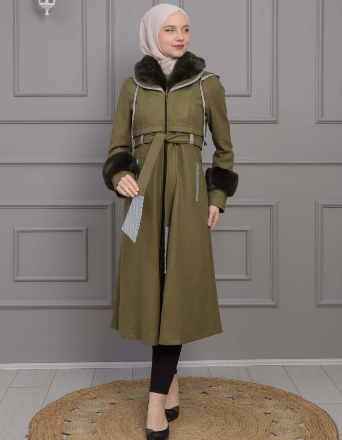 BELTED CACHET TOPCOAT WITH HOOD AND SLEEVE FUR DETAILS 1355 - khaki