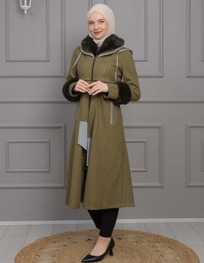 BELTED CACHET TOPCOAT WITH HOOD AND SLEEVE FUR DETAILS 1355 - khaki
