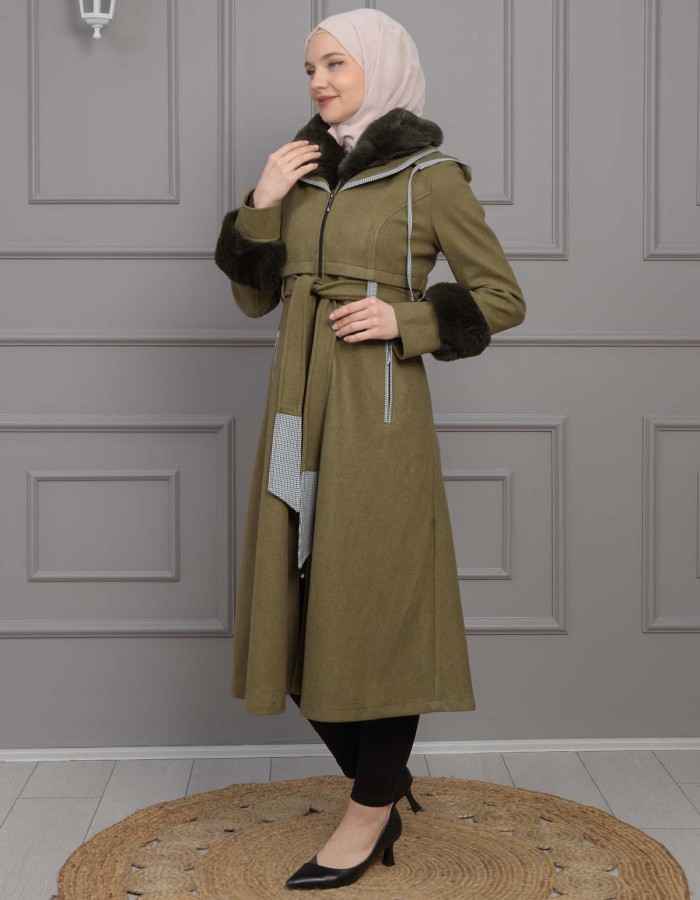BELTED CACHET TOPCOAT WITH HOOD AND SLEEVE FUR DETAILS 1355 - khaki