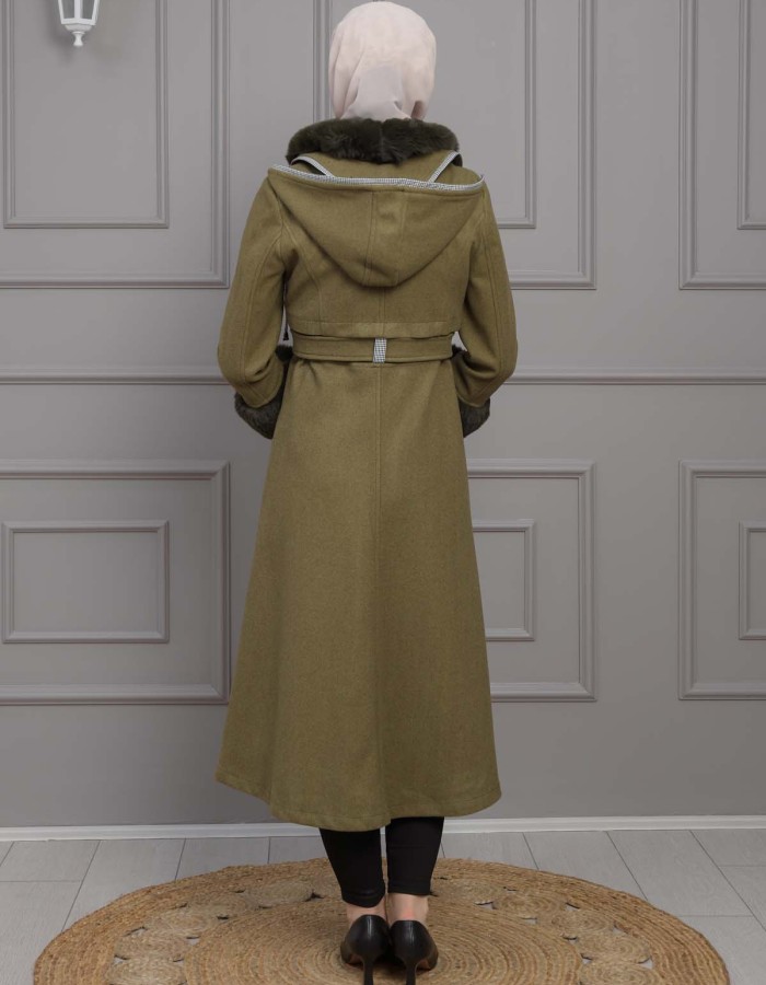 BELTED CACHET TOPCOAT WITH HOOD AND SLEEVE FUR DETAILS 1355 - khaki