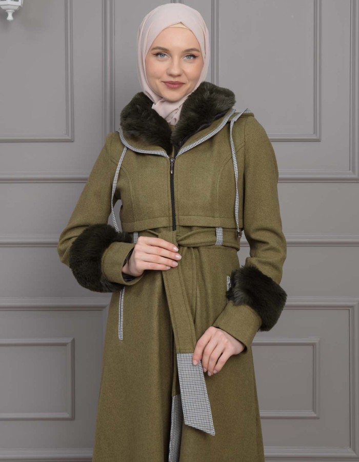 BELTED CACHET TOPCOAT WITH HOOD AND SLEEVE FUR DETAILS 1355 - khaki