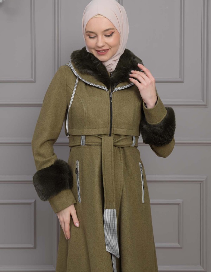 BELTED CACHET TOPCOAT WITH HOOD AND SLEEVE FUR DETAILS 1355 - khaki