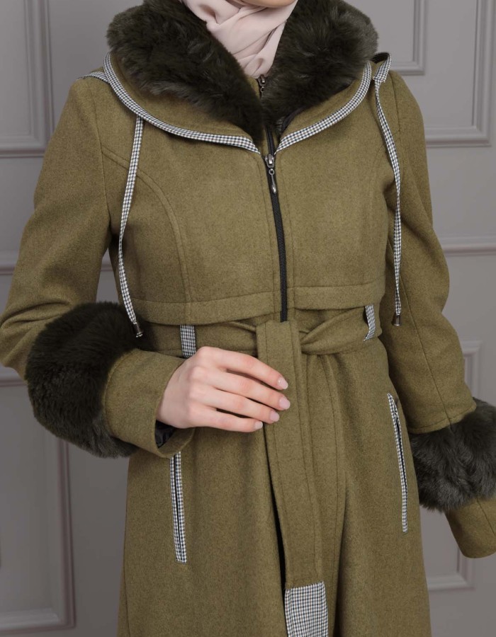 BELTED CACHET TOPCOAT WITH HOOD AND SLEEVE FUR DETAILS 1355 - khaki