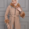 BELTED CACHET TOPCOAT WITH HOOD AND SLEEVE FUR DETAILS 1355 Bej