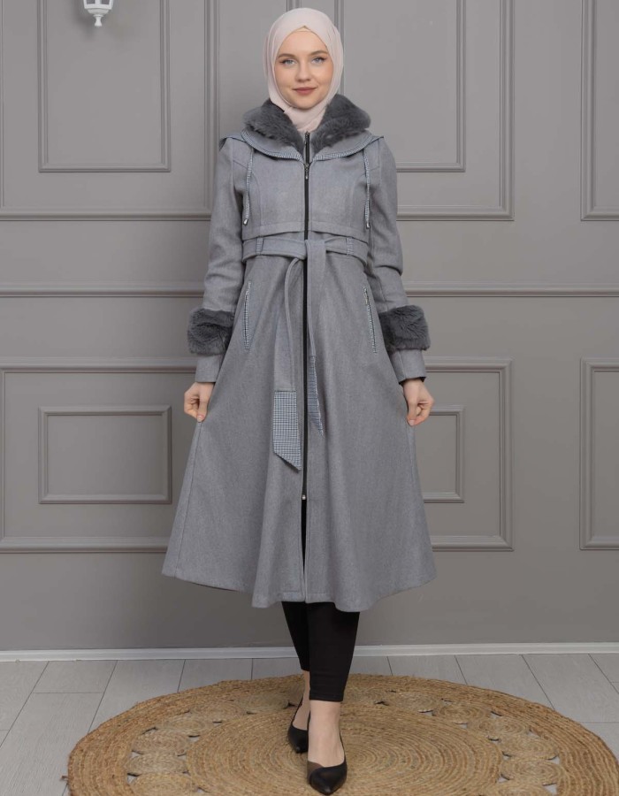 BELTED CACHET TOPCOAT WITH HOOD AND SLEEVE FUR DETAILS 1355 - gray