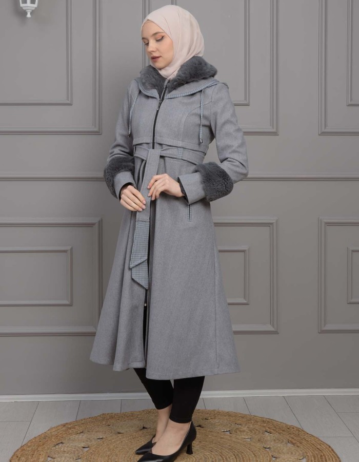 BELTED CACHET TOPCOAT WITH HOOD AND SLEEVE FUR DETAILS 1355 - gray