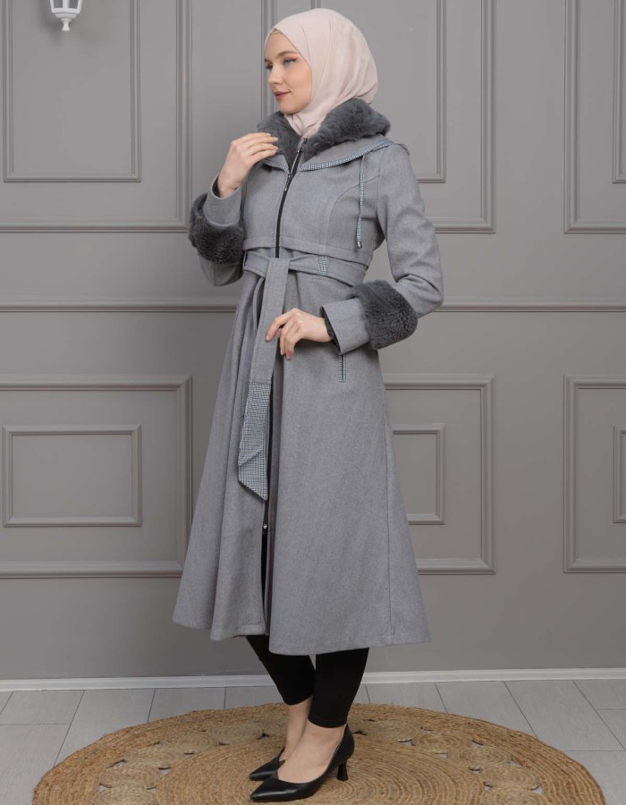 BELTED CACHET TOPCOAT WITH HOOD AND SLEEVE FUR DETAILS 1355 - gray