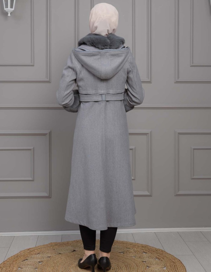 BELTED CACHET TOPCOAT WITH HOOD AND SLEEVE FUR DETAILS 1355 - gray