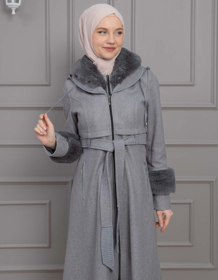 BELTED CACHET TOPCOAT WITH HOOD AND SLEEVE FUR DETAILS 1355 - gray
