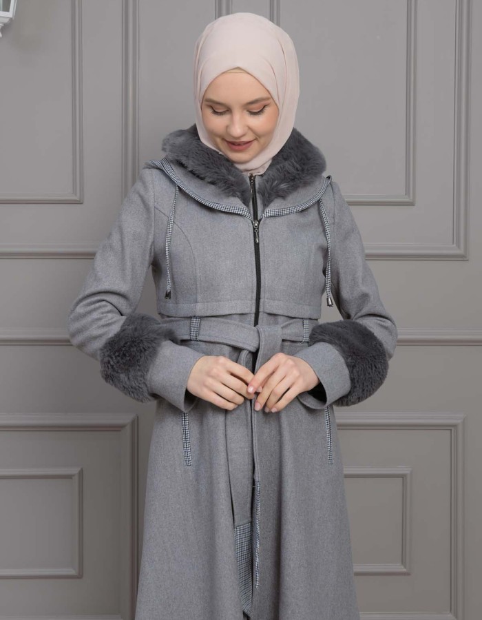 BELTED CACHET TOPCOAT WITH HOOD AND SLEEVE FUR DETAILS 1355 - gray
