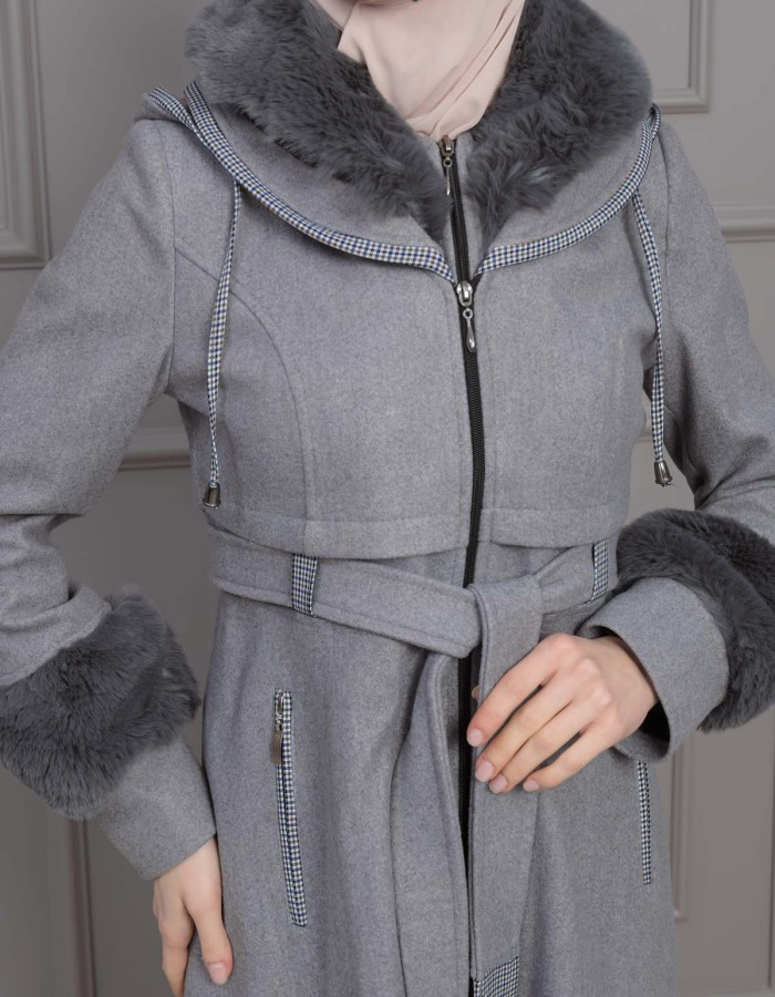 BELTED CACHET TOPCOAT WITH HOOD AND SLEEVE FUR DETAILS 1355 - gray