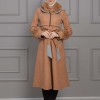 Luxuriöser Damen Trenchcoat aus Wolltuch mit Kaninchenfutter 1355 - Cognac