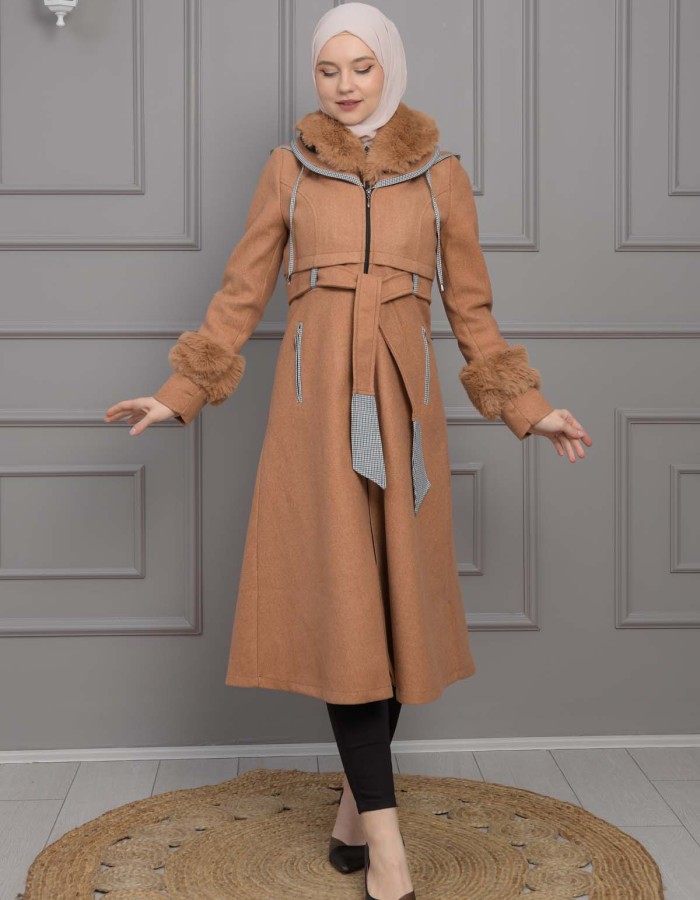 BELTED CACHET TOPCOAT WITH HOOD AND SLEEVE FUR DETAILS 1355 taba
