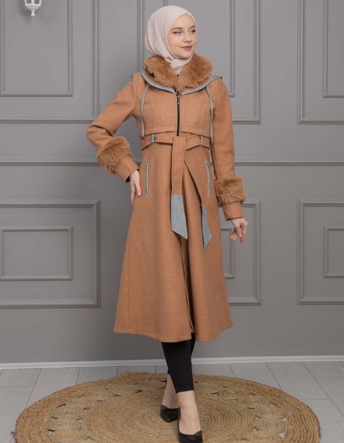 BELTED CACHET TOPCOAT WITH HOOD AND SLEEVE FUR DETAILS 1355 taba