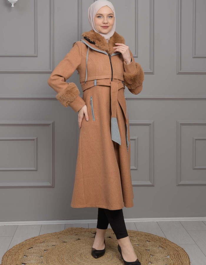 BELTED CACHET TOPCOAT WITH HOOD AND SLEEVE FUR DETAILS 1355 taba